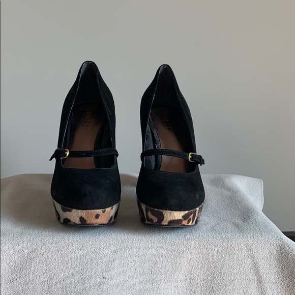 Guess Black Suede/Pony Hair Leopard Platform Heels - Picture 2 of 5